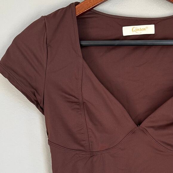 Qinsen Babydoll Top Women's XS Chocolate Brown Stretch Mochacore Retro Y2K - Picture 3 of 8